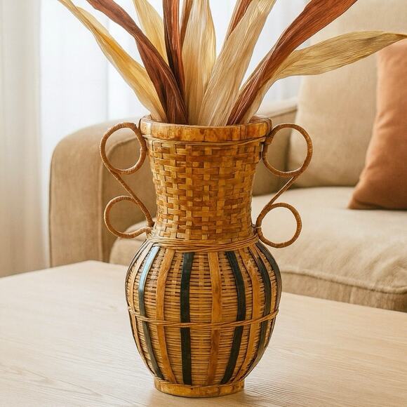 Tall Woven Rattan Vase - Natural & Dark Accents - Picture 2 of 8